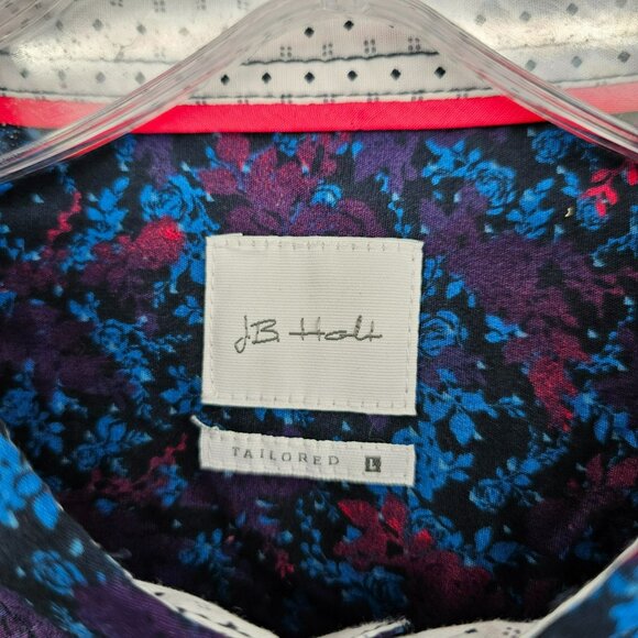 JB Holt Button Down Shirt L Blue Purple Pink Rose Dark Floral Flip Cuff Tailored - Picture 3 of 14